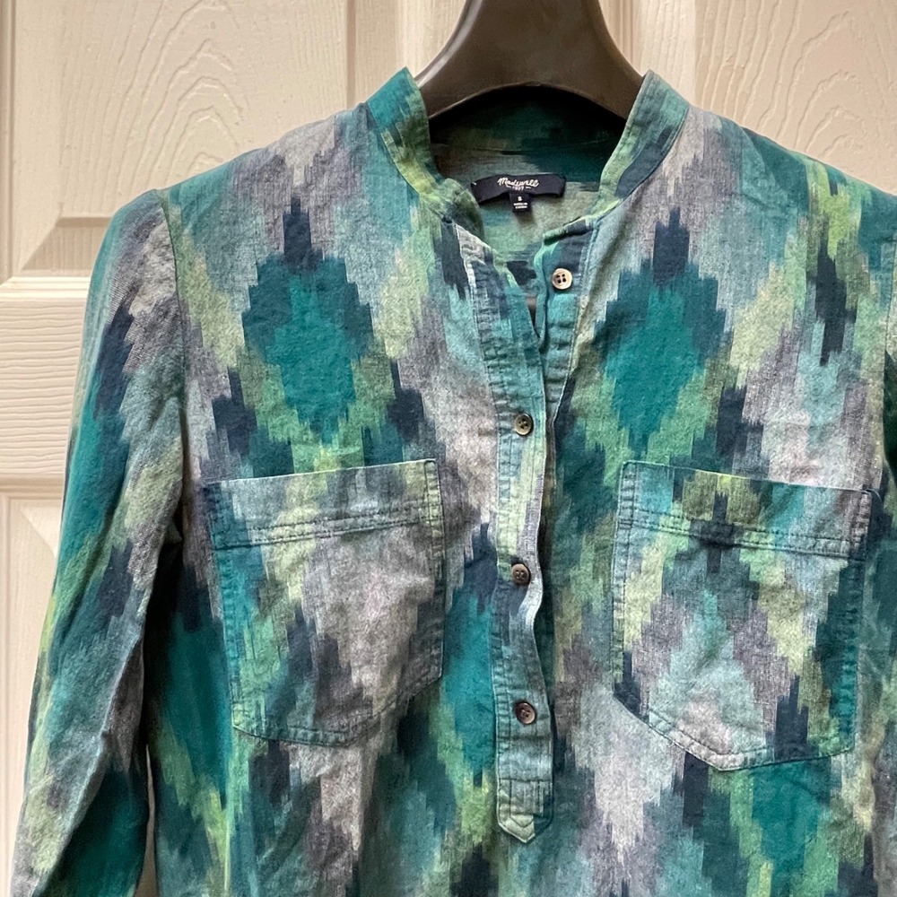 Madewell Women's Small Green Ikat Woven Double Pocket Banded‎ Collar Popover